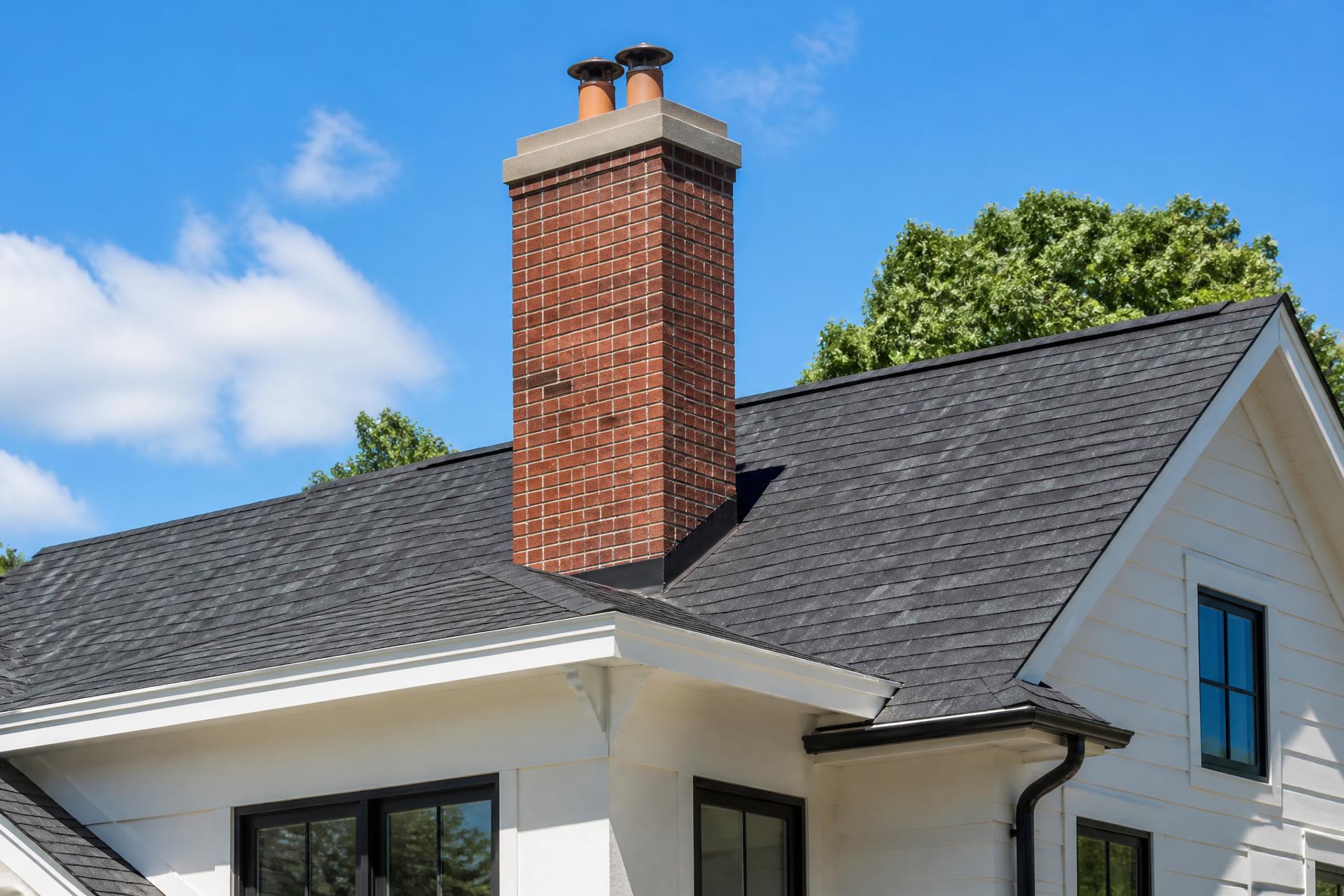 Modern residential brick chimney against a bright blue sky